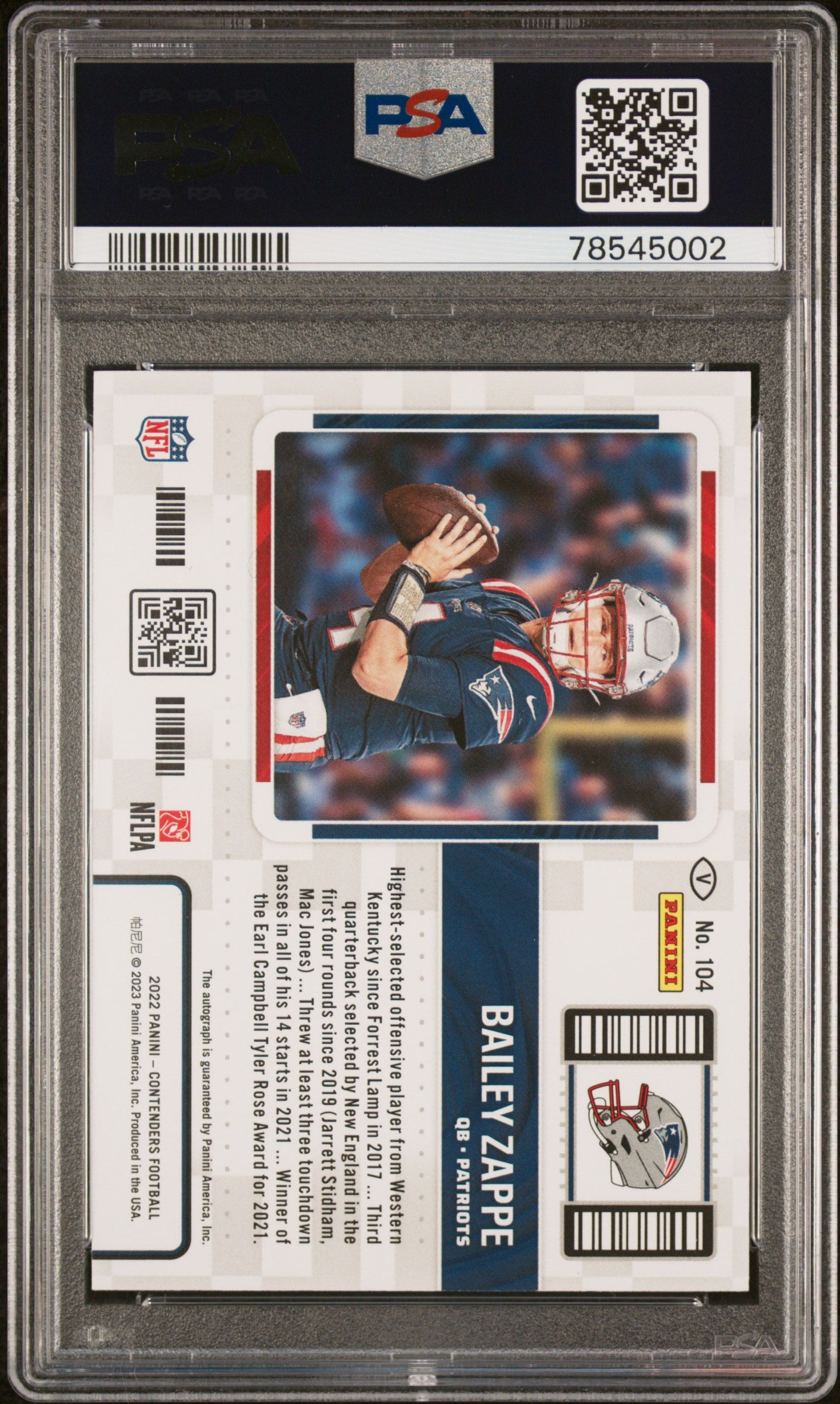 2022 Panini Contenders Bailey Zappe /22 Auto PSA 10