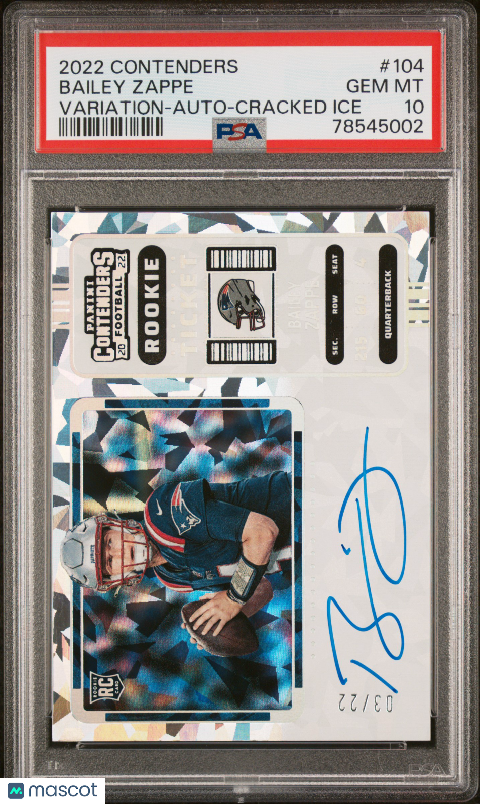 2022 Panini Contenders Bailey Zappe /22 Auto PSA 10